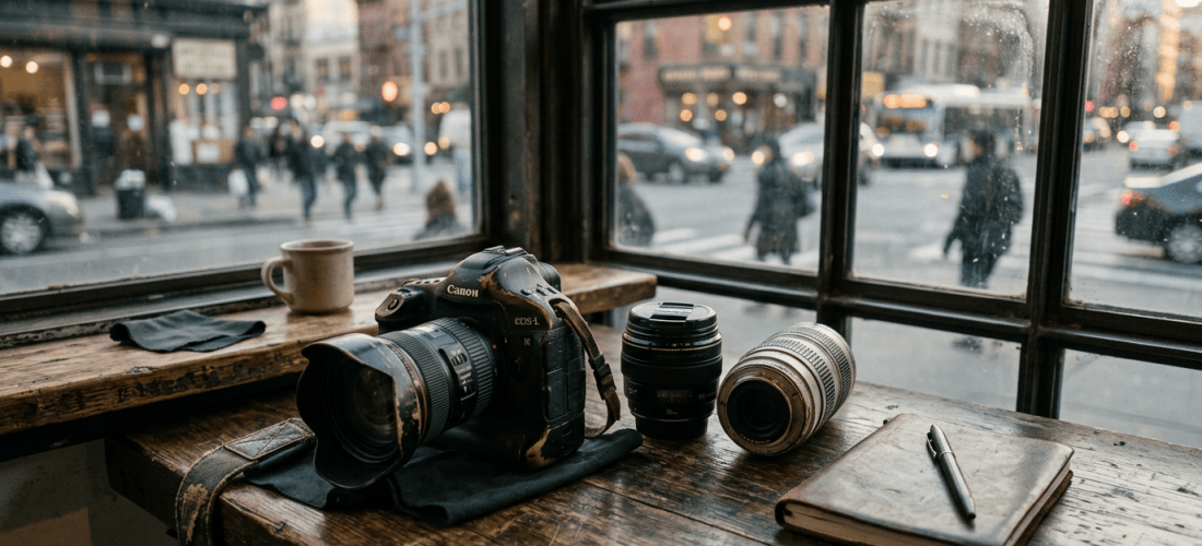 Canon EOS-1 camera, two lenses, notebook, pen, and coffee by window