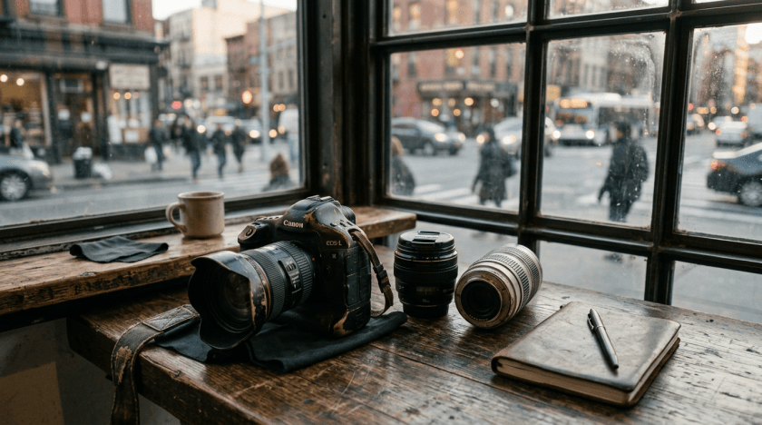 Canon EOS-1 camera, two lenses, notebook, pen, and coffee by window