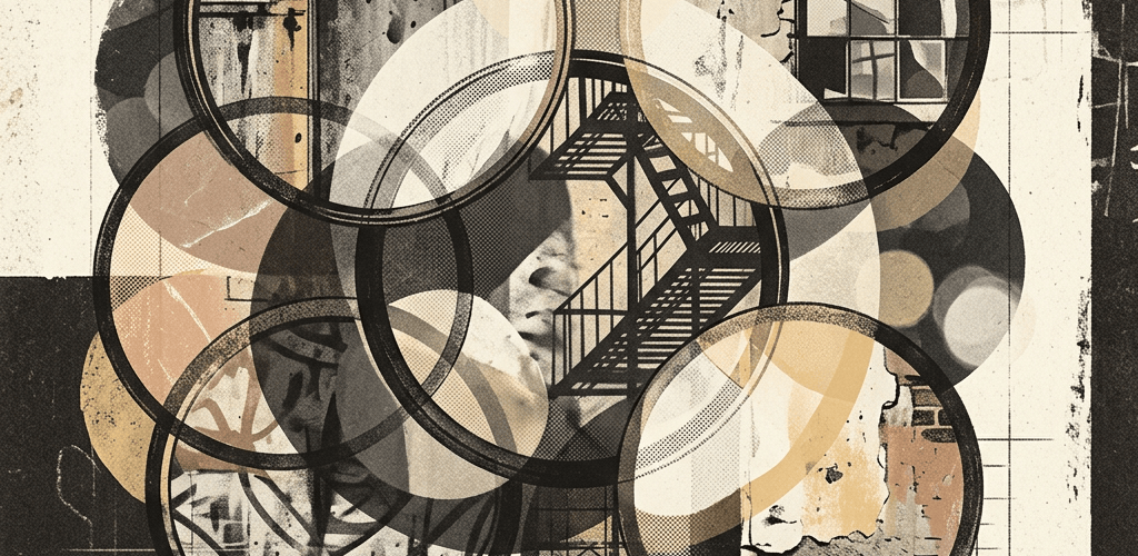 Abstract collage of overlapping circles featuring urban architecture, stairways, windows, and textured walls