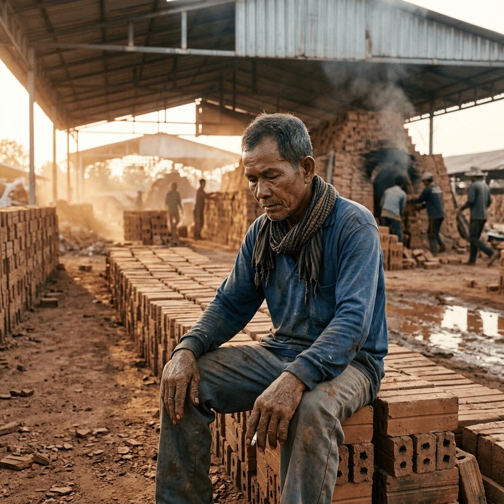 Brickmaker sitting among rows of bricks beside a smoking kiln