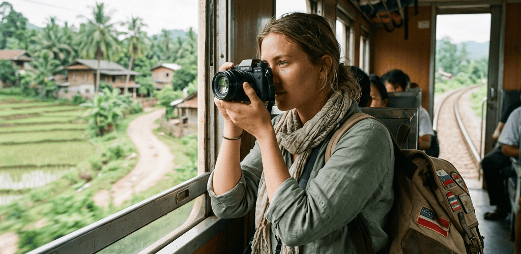 Traveler photographing tropical villages and rice fields from a train