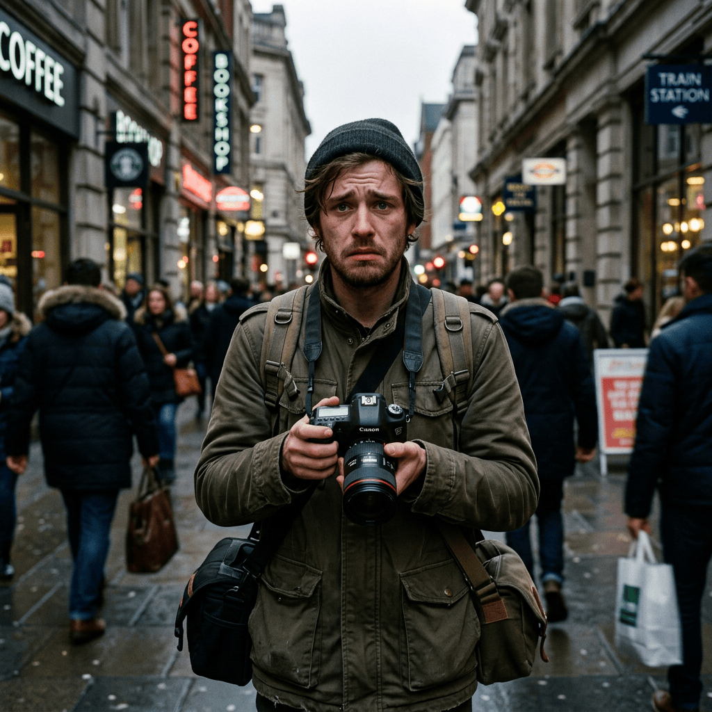Photographer holding a Canon camera on a busy city street