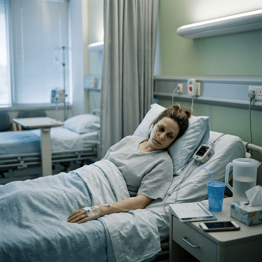 Patient resting in hospital bed with intravenous line and monitoring equipment