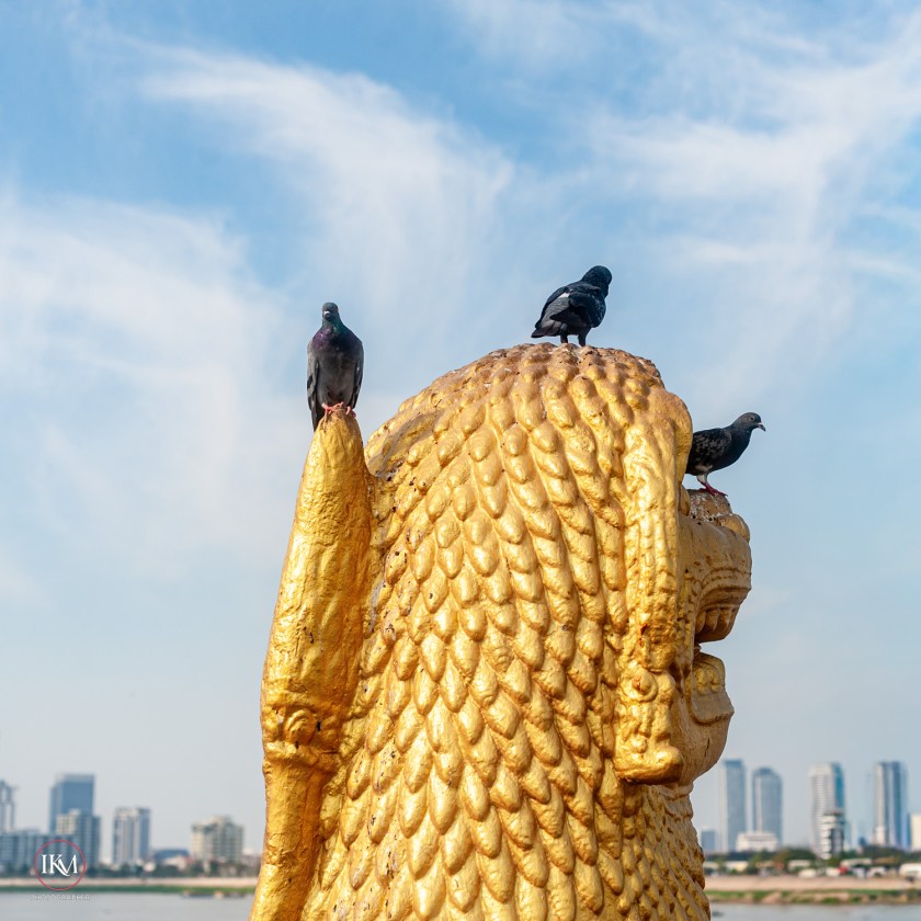 A golden statue of a lion with a textured mane, topped with several pigeons, against a backdrop of a clear blue sky and city skyline.