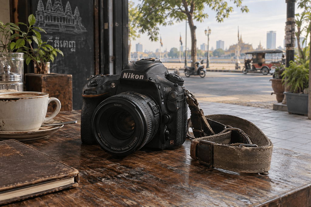 A Nikon D810 camera resting on a wooden table next to a cup of coffee and a notebook, with a scenic view of a cityscape in the background.