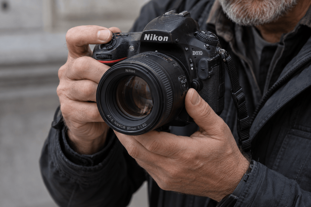 A close-up of a person holding a Nikon D810 camera with an 85mm lens, wearing a black jacket.