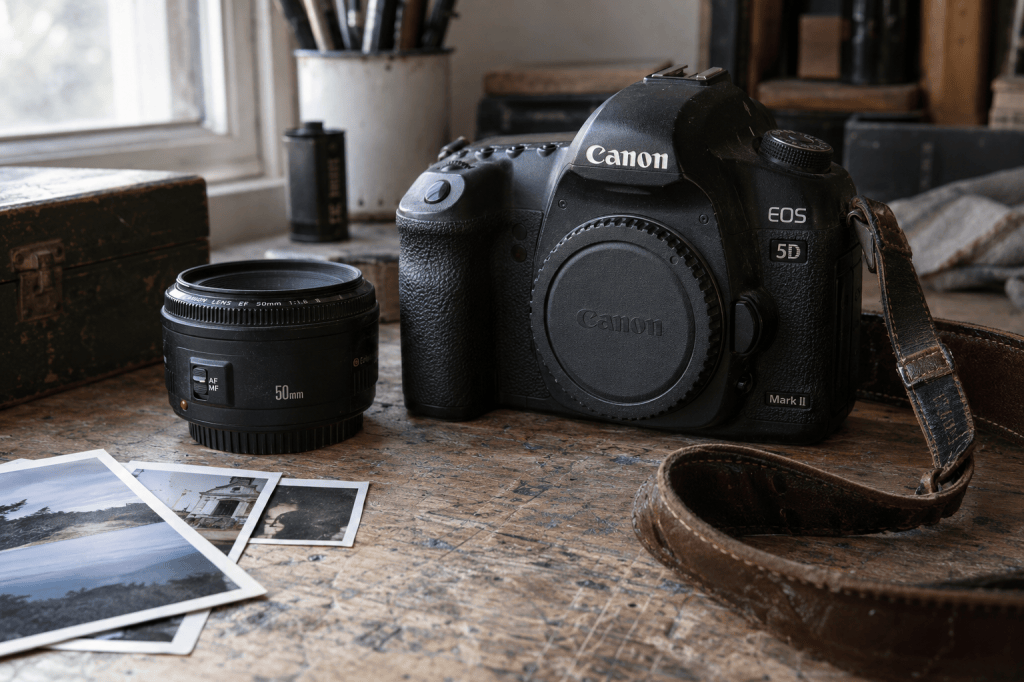 A Canon EOS 5D Mark II camera with a 50mm lens rests on a wooden surface, accompanied by several printed photographs and a vintage box.