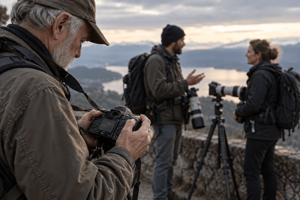 A group of photographers discussing techniques while one examines a camera, set against a scenic backdrop of mountains and water.