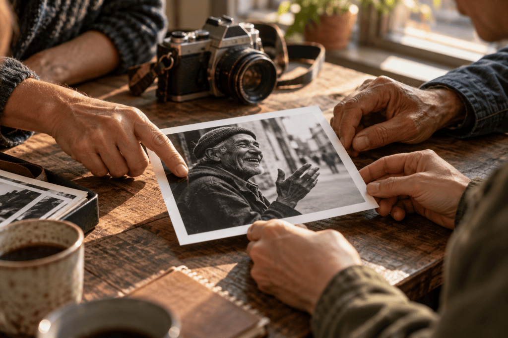 A group of hands holding a black and white photograph of an elderly man smiling, with a vintage camera visible in the background. The setting is a cozy wooden table surrounded by coffee cups.