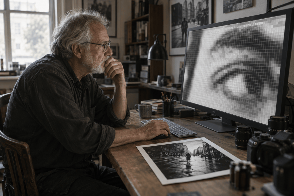 An older man with glasses thoughtfully gazes at a large computer monitor displaying a pixelated image of an eye, while sitting at a wooden desk cluttered with photography equipment and prints.