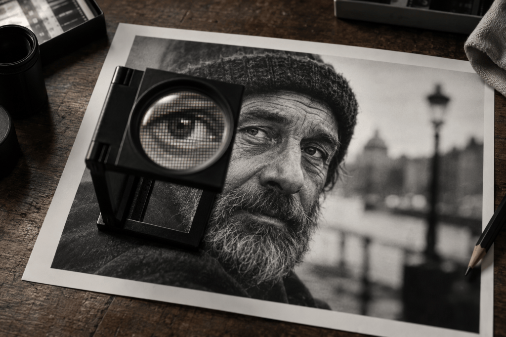 A close-up of a printed black and white photograph of a man with a beard and hat, accompanied by a magnifying glass placed over the eye in the image, resting on a wooden surface.