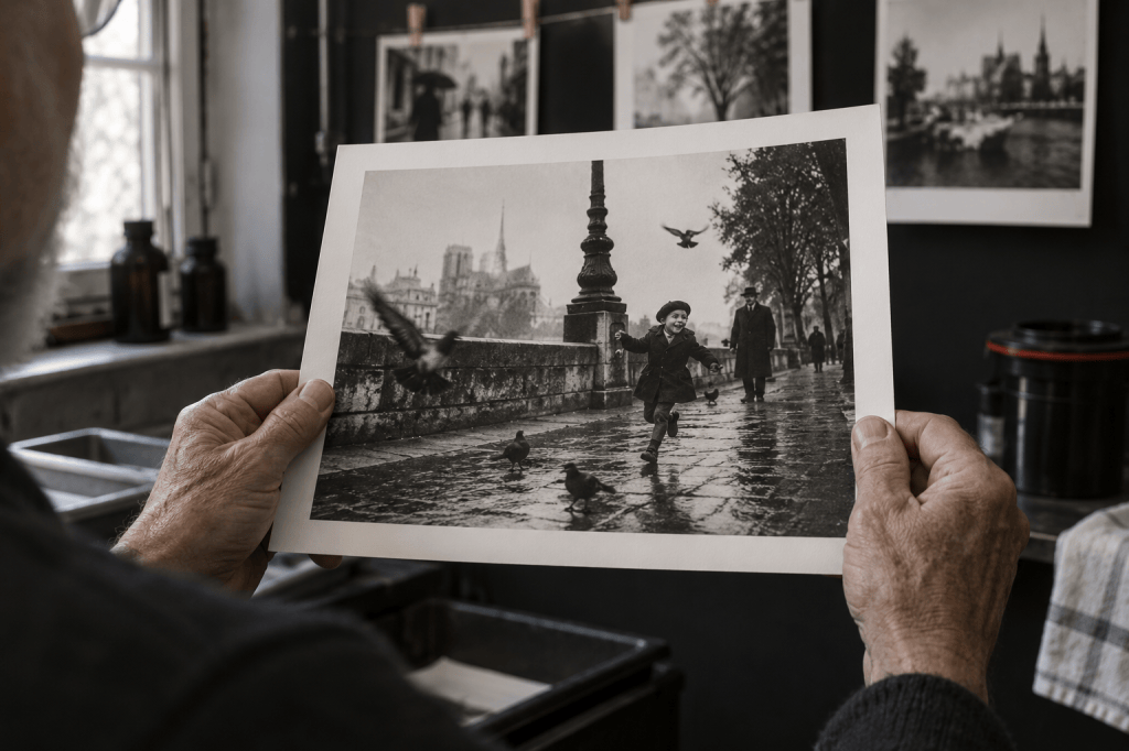 An elderly person holding a black and white photograph of a young child running on a rainy street, surrounded by pigeons and historical buildings in the background.
