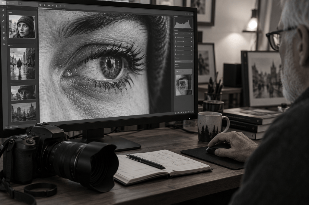 Close-up of a person's eye on a computer screen during photo editing, with a photographer at work, surrounded by a camera, notes, and coffee.
