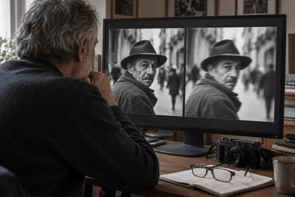 A person sitting at a desk, gazing at a computer screen displaying two black-and-white photos of a man wearing a hat, with an old camera and notebook to the side.