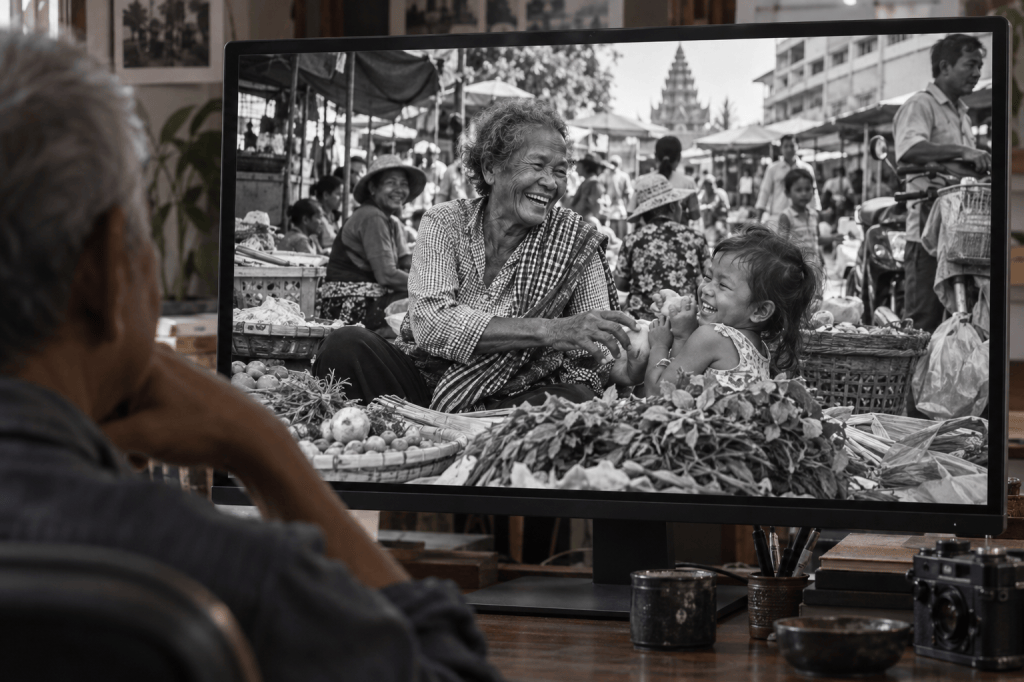 An elderly woman laughing and playing with a young child in a bustling market, captured in black and white. The scene has various baskets of fresh produce in the foreground and other market-goers in the background.