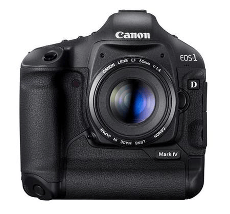 Front view of a Canon EOS-1D Mark IV camera with a 50mm lens attached.