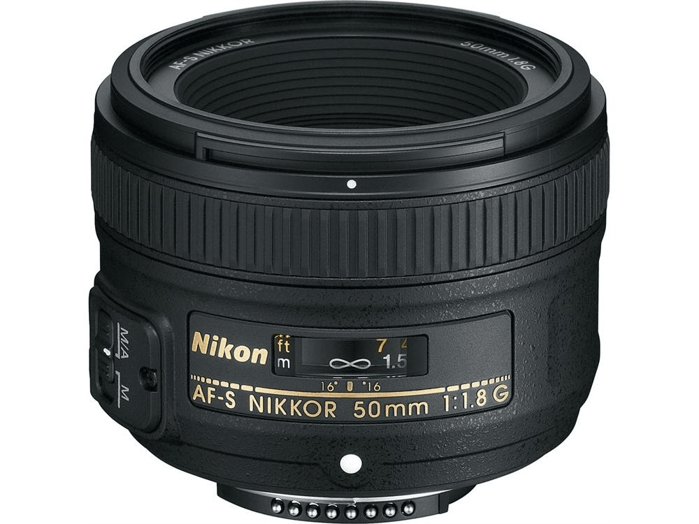 Nikon AF-S NIKKOR 50mm f/1.8G camera lens with a black exterior and focus markings.