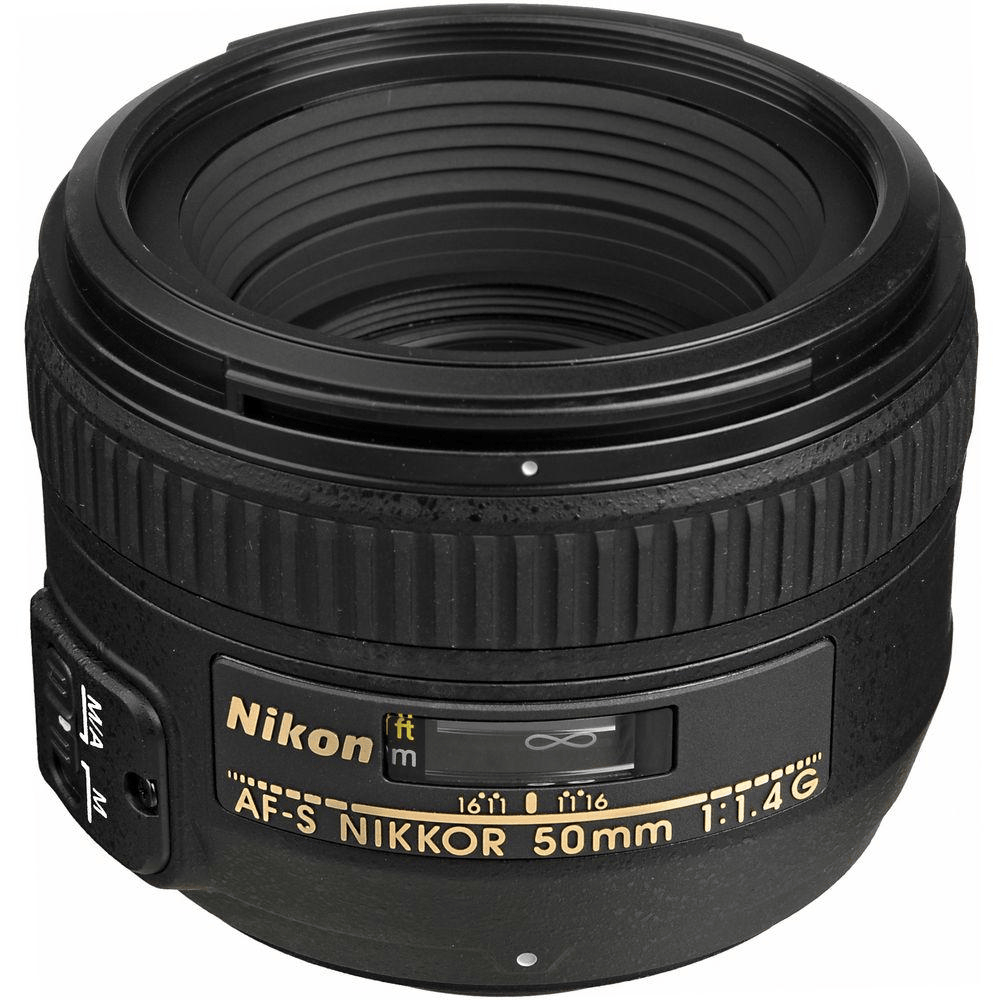 Nikon AF-S NIKKOR 50mm f/1.4G lens, featuring a black finish with gold lettering.