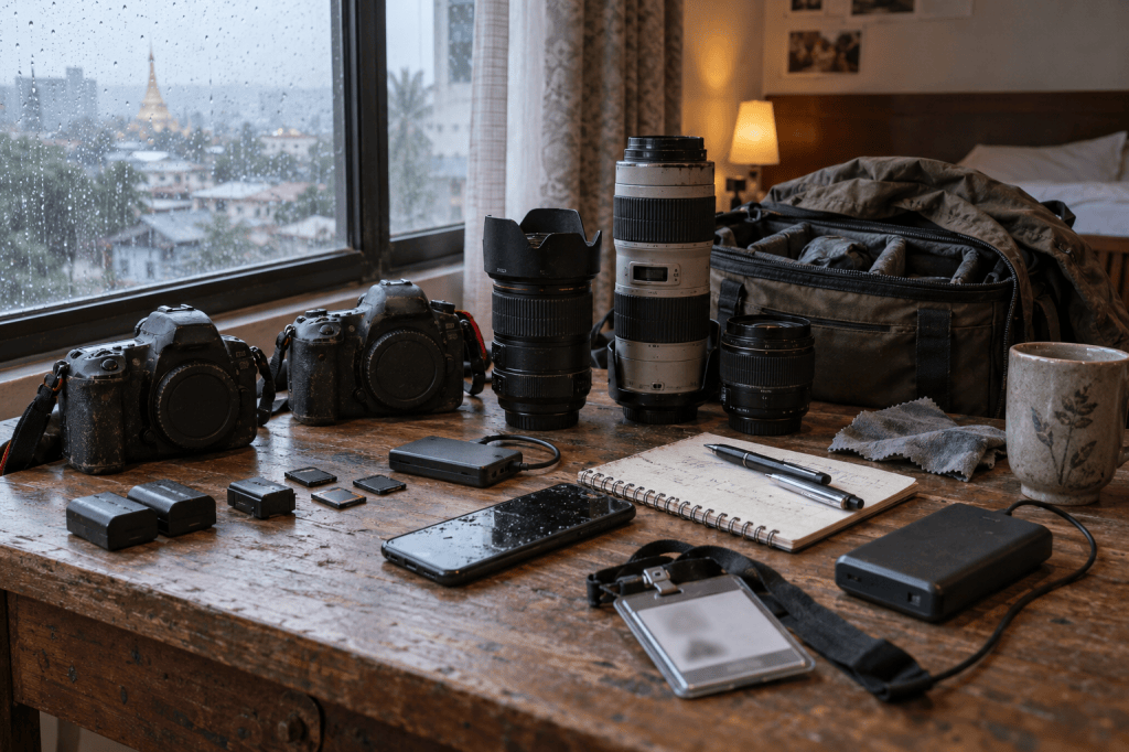 A wooden table with two cameras, multiple camera lenses, batteries, memory cards, a notebook, a pen, a smartphone, a power bank, and a coffee mug, set against a rainy window with a view of a city.