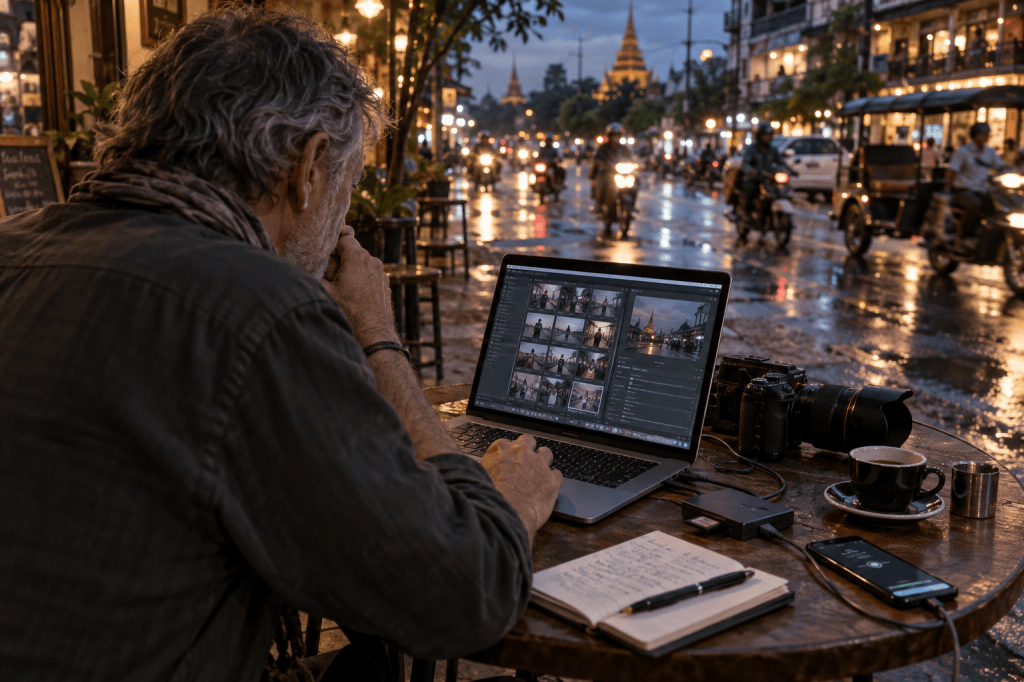 A man editing photos on a laptop at an outdoor café during a rainy evening, with a camera and notes on the table.