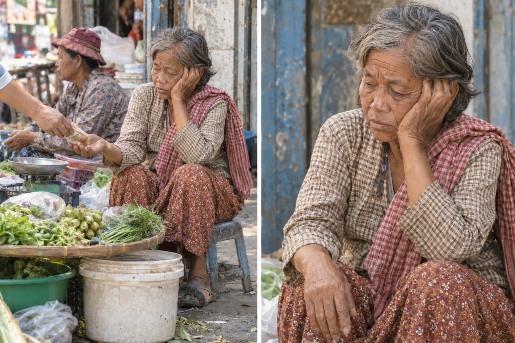 An elderly woman sitting at a market stall, looking contemplative with her hand on her face, surrounded by fresh vegetables and herbs. In the background, another vendor is engaged with a customer.