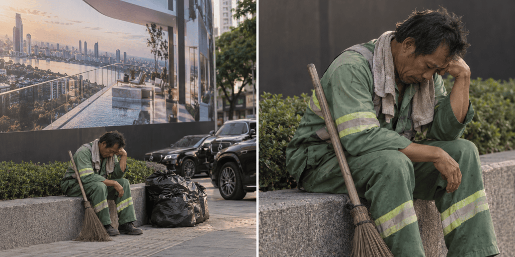 A weary street cleaner in green overalls sits on a concrete ledge with a broom beside him, looking down thoughtfully with a backdrop of a cityscape and luxury buildings.