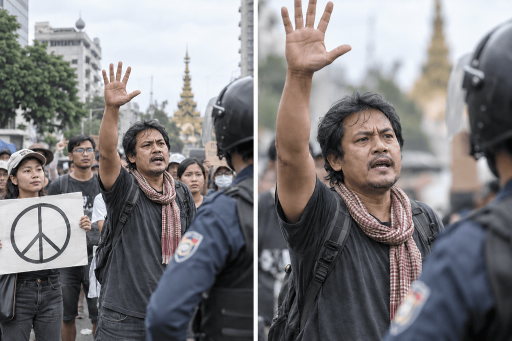 A protester raises his hand, passionately speaking to a police officer during a demonstration, with a group of supporters holding a peace sign in the background.