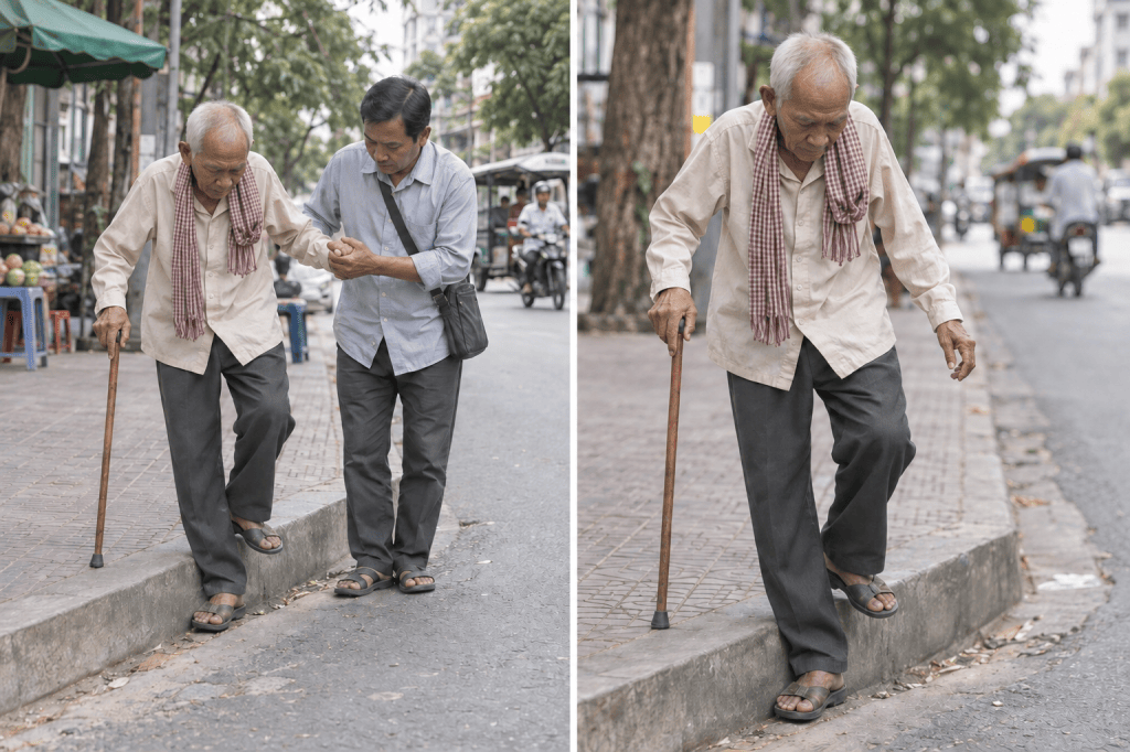 An elderly man with gray hair uses a cane while being assisted by another man as they navigate a street. The elderly man is stepping down from a curb with the younger man's help.