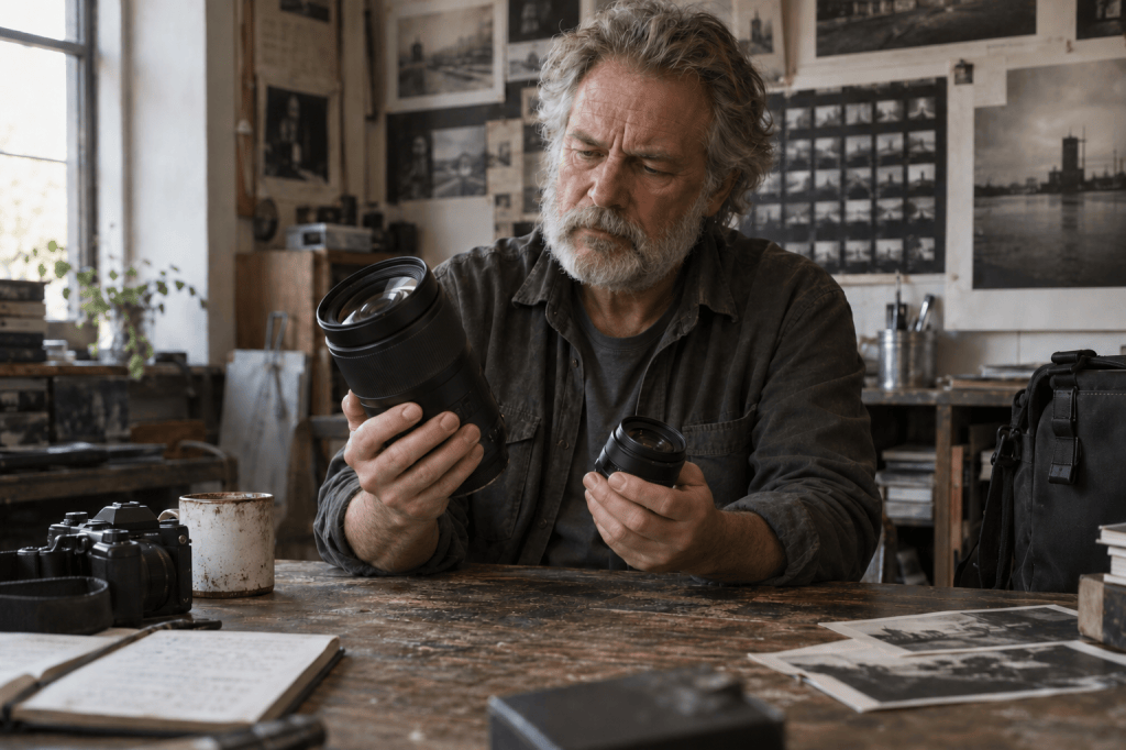 A man with gray hair and a beard examines two camera lenses while sitting at a cluttered table in a photography studio.