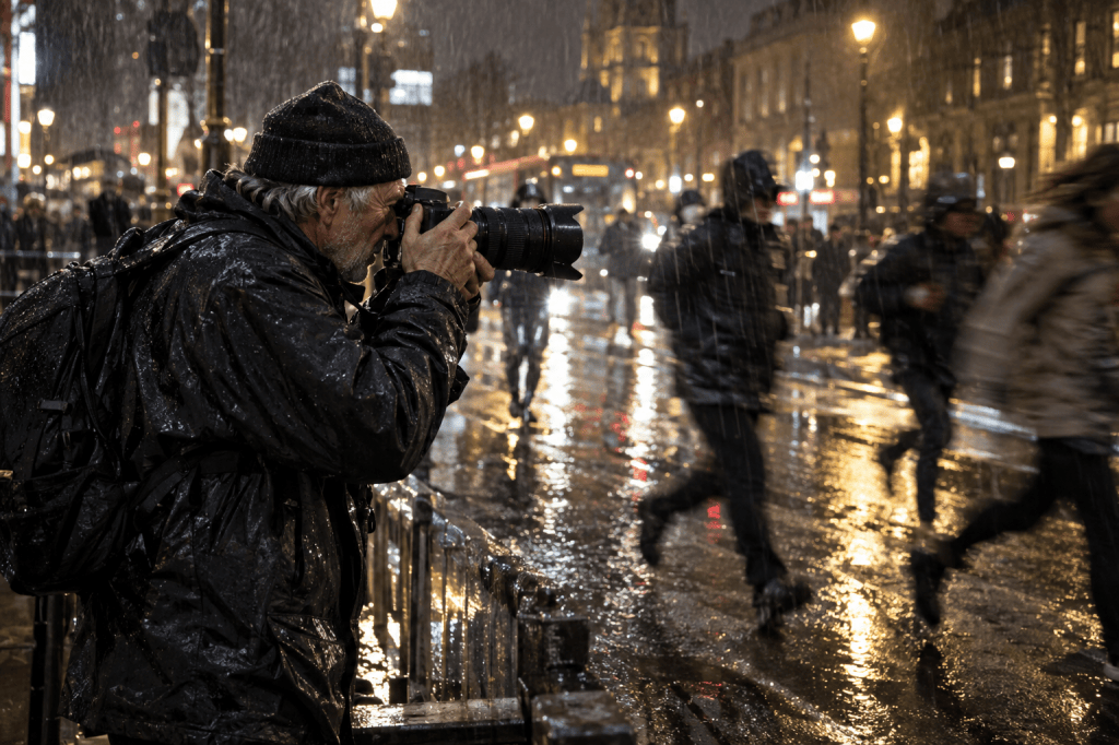 A man in a dark rain jacket and hat uses a camera to photograph a busy street during rain at night, with blurred pedestrians walking past and streetlights illuminating the scene.