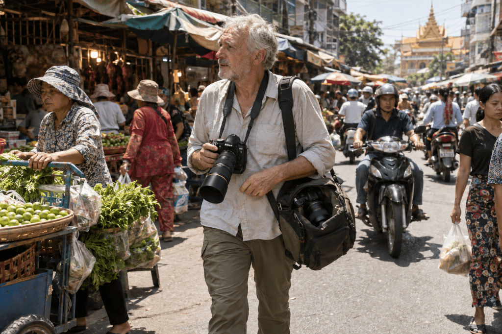 A photographer walking through a bustling outdoor market, surrounded by various vendors and shoppers, with greenery and produce in the foreground.