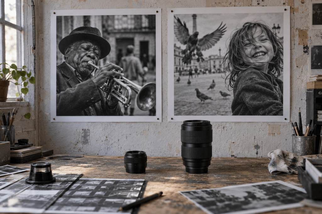 A workspace with two black and white photographs on the wall: one of a man playing a trumpet and another of a smiling child surrounded by pigeons. The desk features camera lenses, printed photographs, and art supplies.