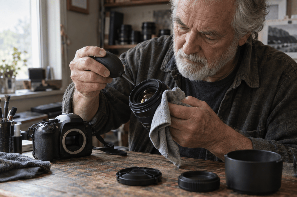 An older man carefully cleaning a camera lens with a cloth while holding a blower in his other hand. A camera is visible on the table along with various photography tools and accessories.