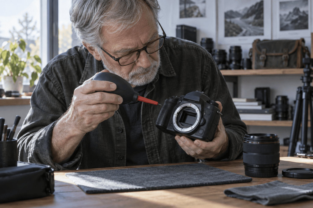 An older man cleaning a camera with a blower in a well-lit workspace, surrounded by photography equipment.