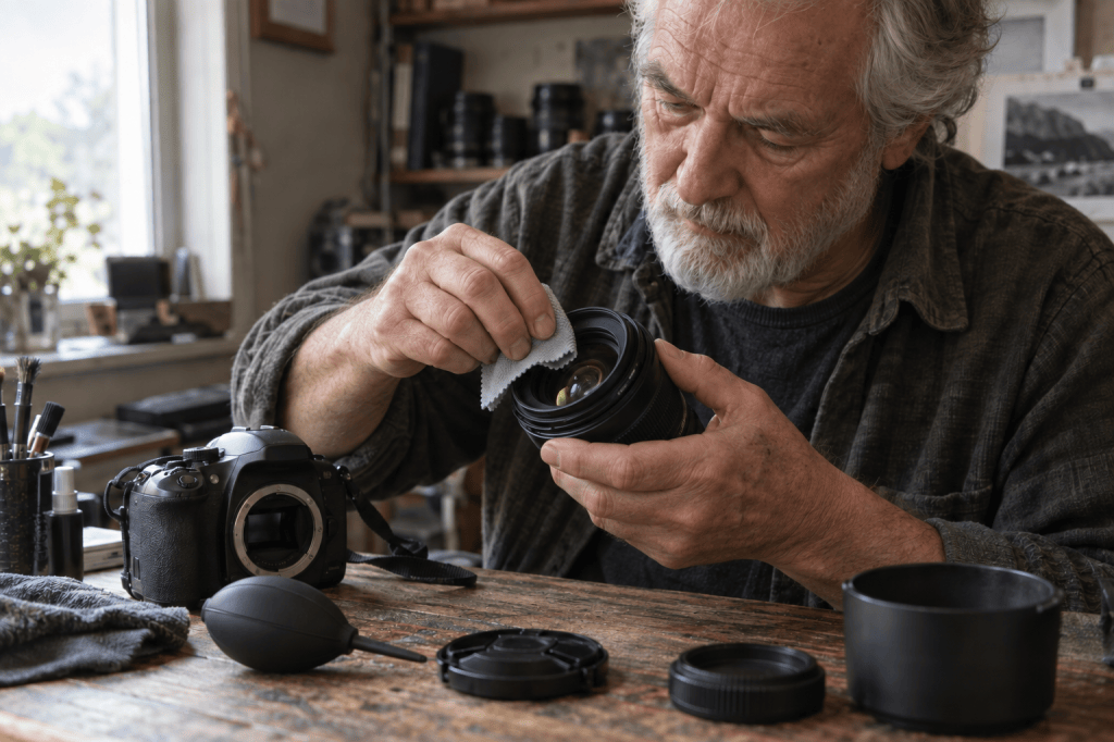 An older man carefully cleaning a camera lens with a cloth in a well-lit workshop, surrounded by camera equipment and tools.