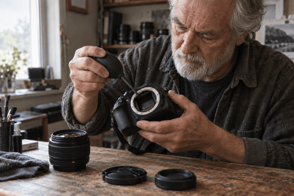 An older man carefully cleaning a camera body with a brush and blower in a well-lit workshop surrounded by photography equipment.