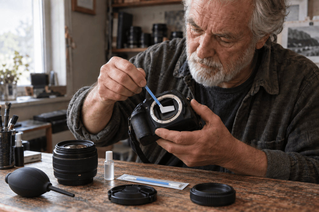 An elderly man carefully cleaning a camera with a brush and other cleaning tools on a wooden table, surrounded by camera lenses and other photography equipment in a well-lit room.