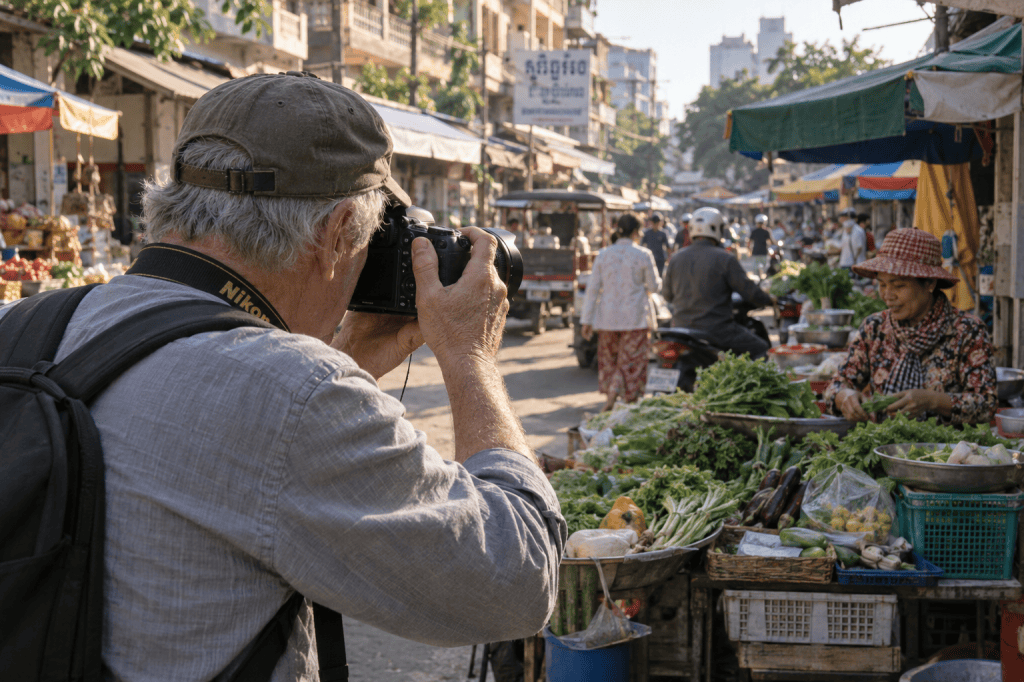 A photographer capturing a bustling outdoor market scene with various vegetables and produce, while a vendor prepares items for sale.