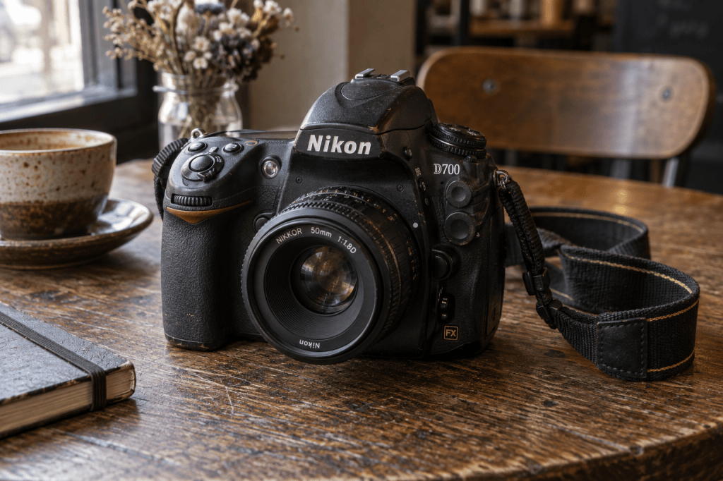 A Nikon D700 camera placed on a wooden table next to a coffee cup and a notebook, with a blurred background.