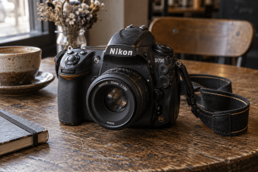 A Nikon D700 camera positioned on a wooden table, next to a cup of coffee and a notebook.