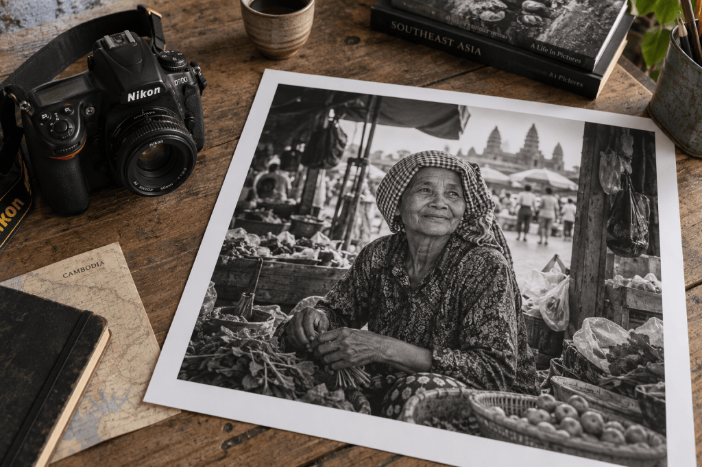 A Nikon camera sits on a wooden table beside a printed black-and-white photo of an elderly woman smiling at a market, surrounded by produce and baskets. A map of Cambodia and a notebook are also on the table, along with a cup and a small plant.