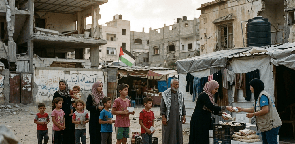 Children playing soccer beside damaged buildings and makeshift market stalls