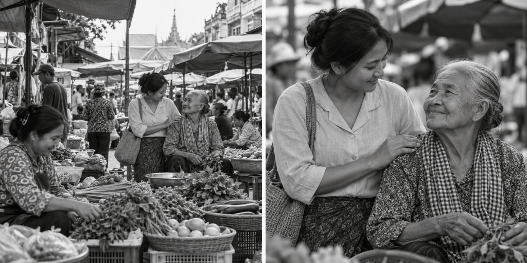 A bustling market scene in black and white, featuring various vendors selling vegetables and fruits. In the foreground, a woman tends to fresh produce, while in another part of the image, a younger woman warmly interacts with an elderly woman, both smiling at each other.
