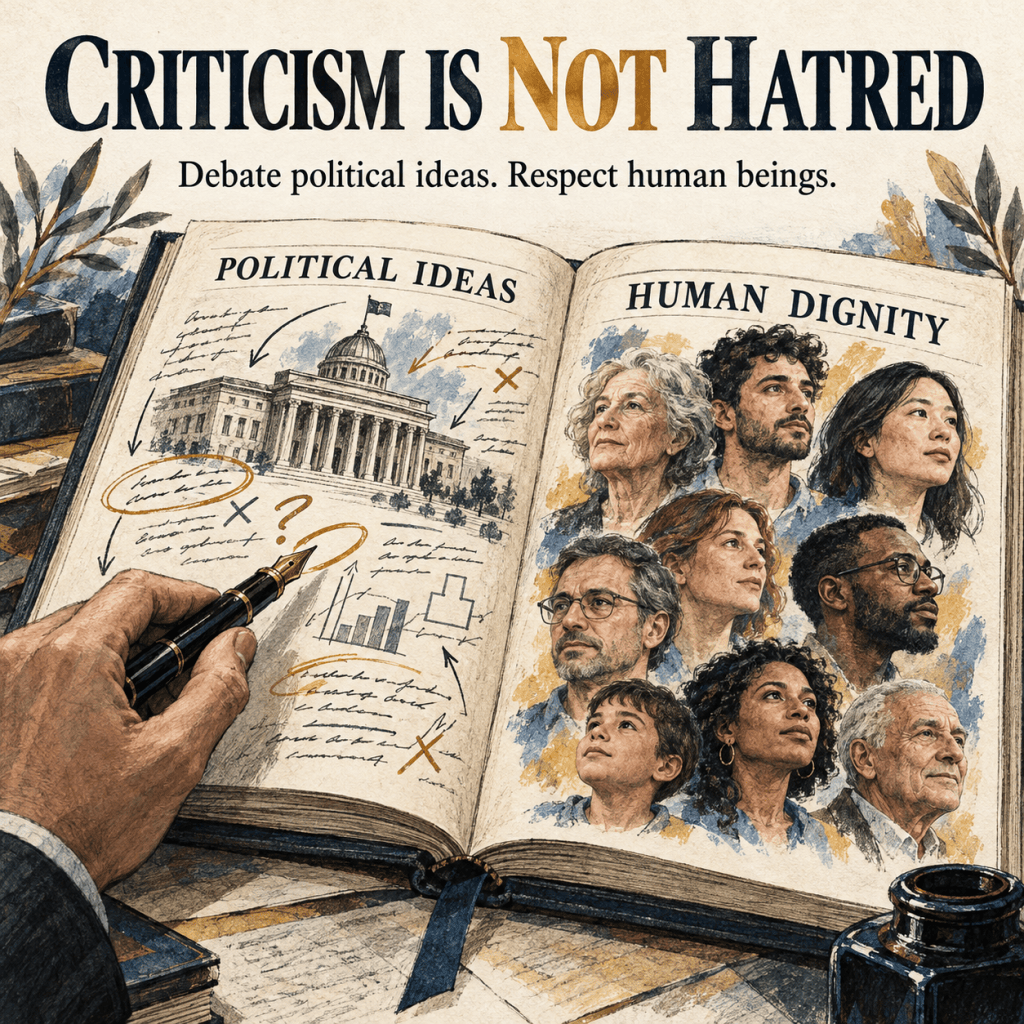 An open book displaying political and human dignity themes, featuring illustrations of diverse individuals and handwritten notes. The text 'Criticism is Not Hatred' is prominently displayed.