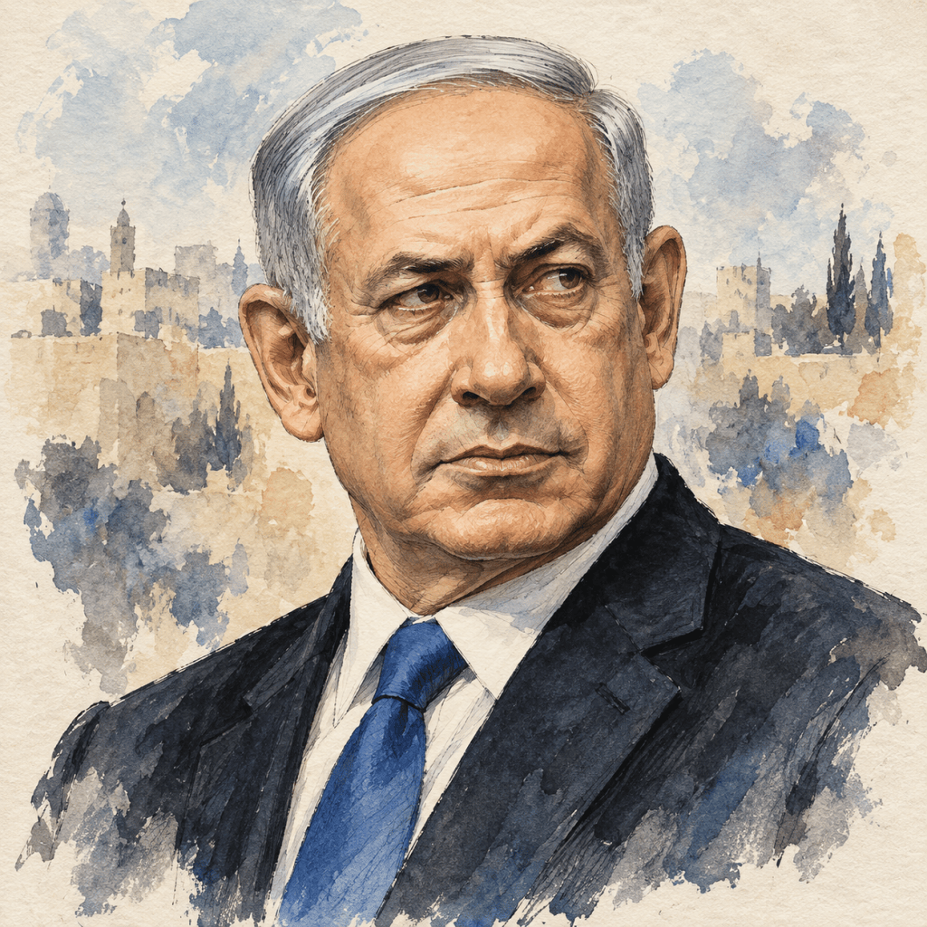 A painted portrait of a man with short gray hair, wearing a dark suit and blue tie, set against a soft background depicting a cityscape.