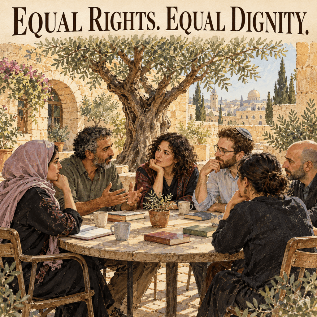 A diverse group of six people engaged in a serious discussion around a table outdoors, with a background featuring an ancient stone structure and greenery. The scene conveys themes of equality and dignity, emphasized by the text 'Equal Rights. Equal Dignity.' displayed at the top.