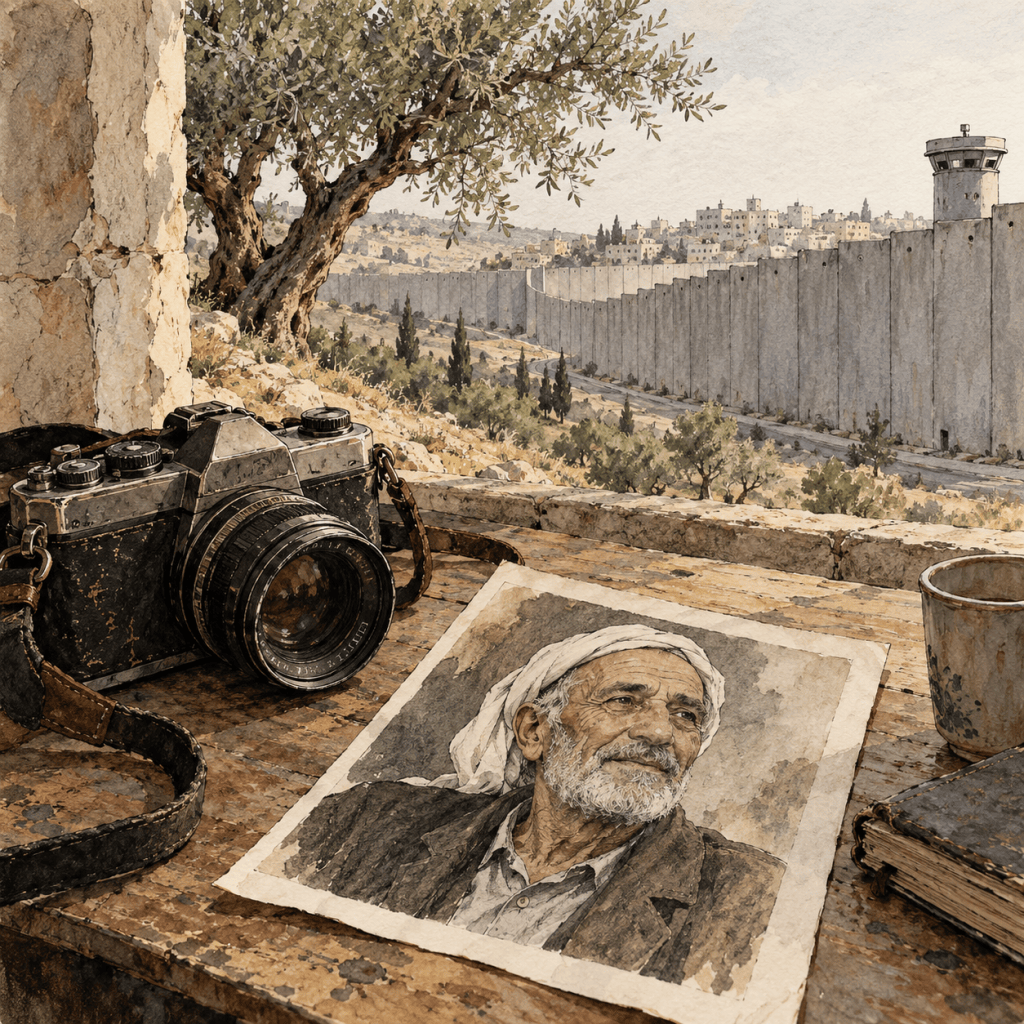 A weathered camera and a portrait of an elderly man with a white headscarf, resting on a wooden surface with a scenic view of a stone wall and olive trees in the background.