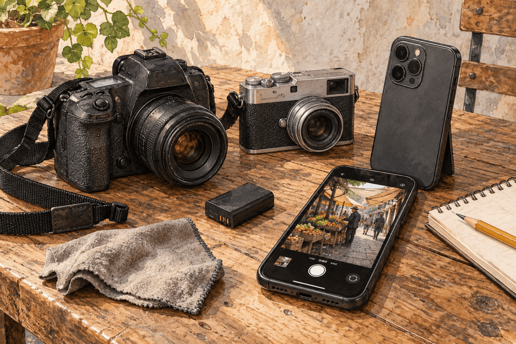 A collection of photography equipment including a DSLR camera, a vintage camera, a smartphone displaying a market scene, a battery pack, a cleaning cloth, and a notepad with a pencil, all arranged on a wooden table.